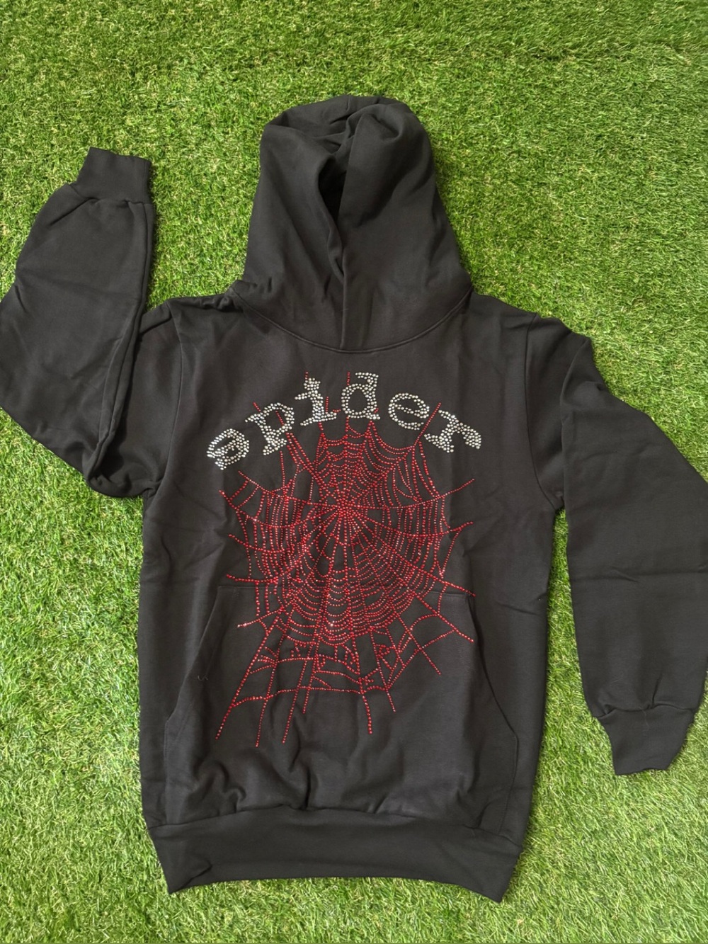 Black 'Spider' Rhinestone Web Hooded Sweatshirt - Men